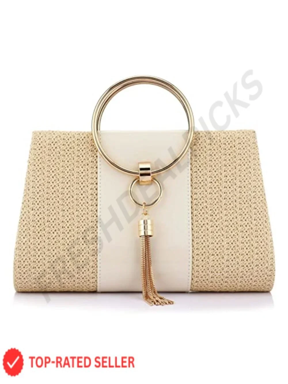 Women's Straw Evening Clutch, Woven Tassel Purse, Ring Handle Party Bag
